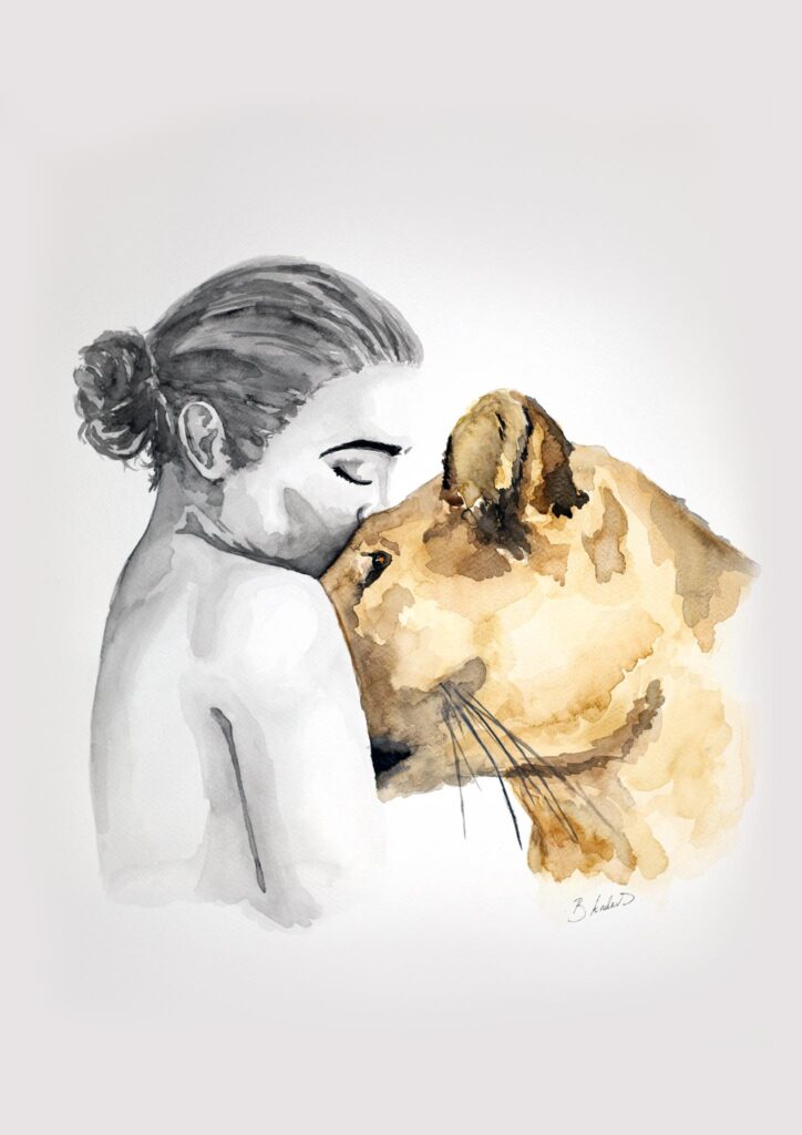 A watercolour painting of a woman kissing a lionesses head, painted by Bethany Claire Artist.