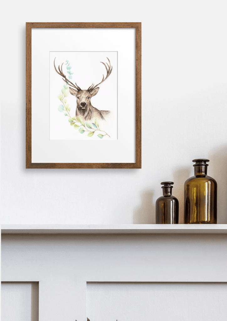 A stag painting framed on a modern background, painted by Bethany Claire Art.