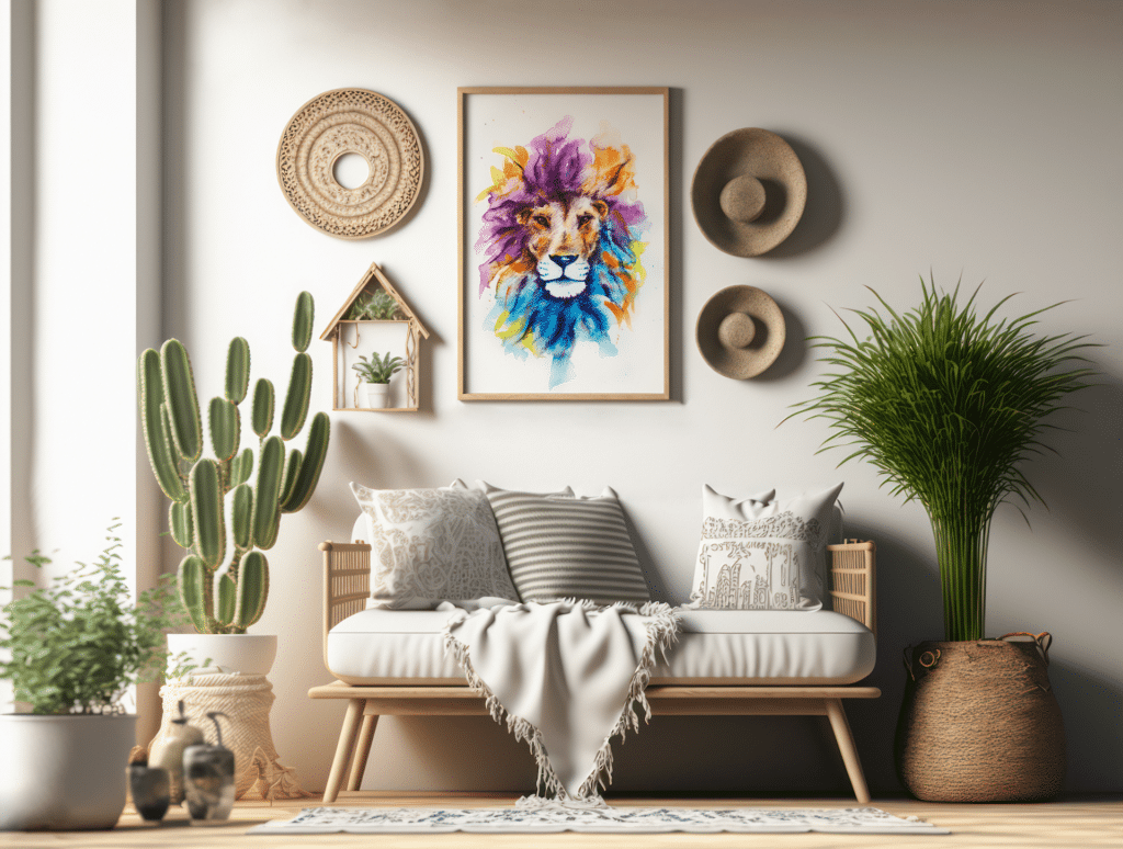 A colourful watercolour lion image, framed in a modern living space.